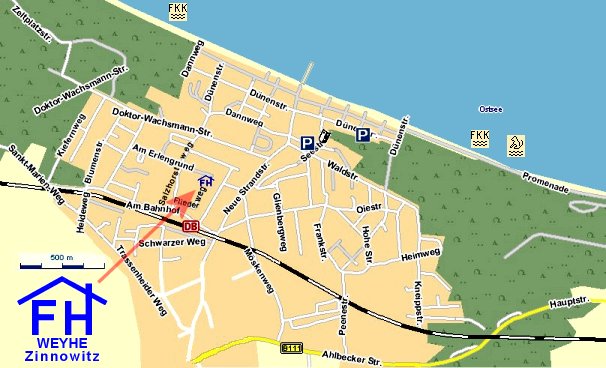 Hier finden Sie einen detaillierten Stadtplan / Strassenplan des Ostseebades Zinnowitz